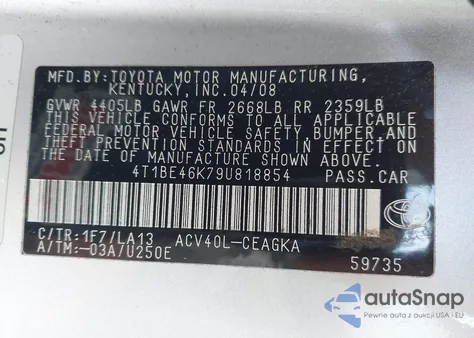 2009 Toyota Camry Xle из США, поврежденный, VIN 4T1BE46K79U818854